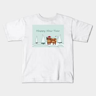 Happy New Year greeting card. Print Gift. Funny Christmas Exclusive present. Zodiac bull christmas. Symbol of the new year 2021. Kids T-Shirt